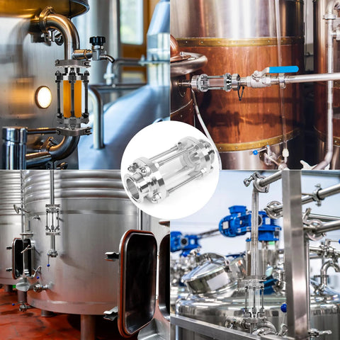 1.5-inch stainless steel in-line sight glass with tri-clamp fittings; collage of installed views on sanitary piping.