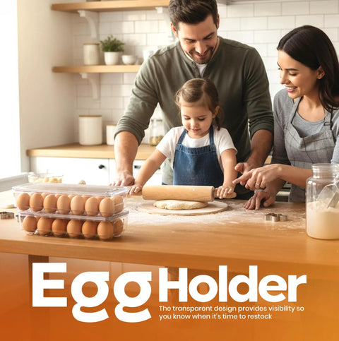 Family in kitchen beside Clear 14 Slot Egg Container With Lid And Handle For Fridge Stackable Egg Tray Organizer on counter