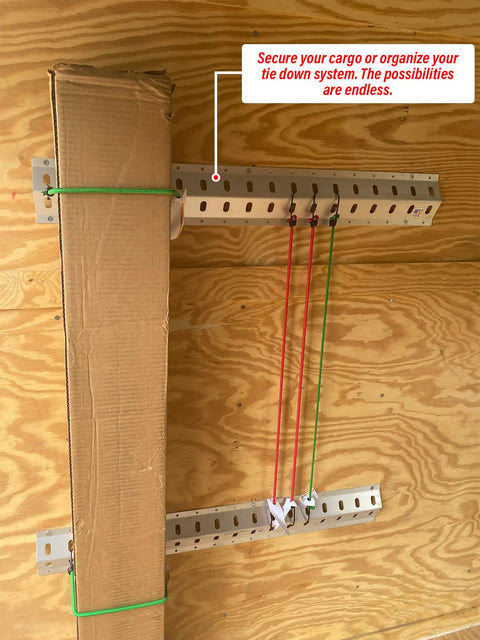 36 Inch Trailer Track Tie Down System With Cargo Rails E Track S Track L Track Anchor Kit 4 Pack Made In USA aluminum rails mounted on wood wall.