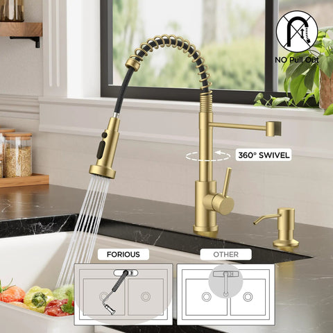 Brushed Gold Kitchen Faucet With Pull Down Sprayer, Single Handle Gold Sink Faucet, 360 Degree Swivel Spout in use