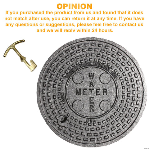 Water Meter Key And Lid Opening Tool For Valve Box 5.5 Inch Length Heavy Duty Metal T Wrench Hook next to a water meter lid.