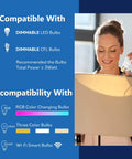 Woman demonstrating compatibility of Heavy Duty Tabletop Lamp Dimmer Switch With No Sweat Plug And Play Setup for LED and CFL bulbs.