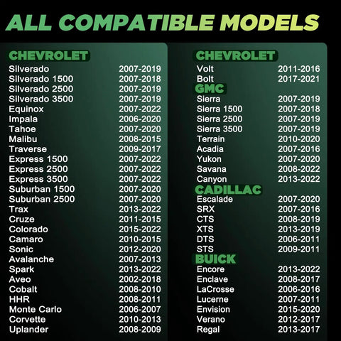 All compatible models list for Four Pack 315 Mhz Tire Pressure Monitoring System Sensors For Chevy Silverado 2007 To 2019 Pickup Truck.
