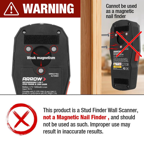 Two In One Stud Finder With Laser Level For Accurate Wall Scanning Rechargeable Pro Grade Stud Sensor With Built In Level Ideal DIY Home Improvement Tool For Locating Studs Pipes And Electrical Lines Quickly And Safely. rear view warning label