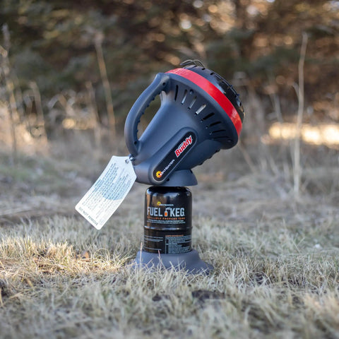 Little Buddy Portable Radiant Propane Heater With 3800 BTU Output on Fuel Keg, outdoor setting