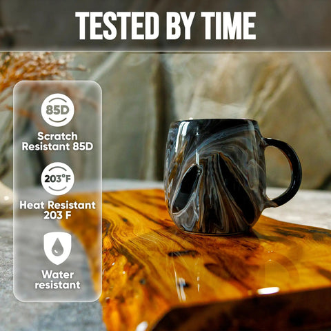 Top Tier Table Top Epoxy Resin Kit For Bars And Counters With Killer UV Resistance And Straight Up Crystal Clear High Gloss Finish For Serious Handmade Creators displayed on a polished wood surface beside a mug.