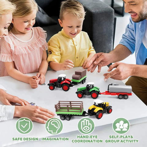 Kids playing with 3 Pack Farm Tractor Toys With Trailers Diecast Alloy Tractors And Trucks For Kids Great Gift For Toddlers Boys Ages 3 To 8