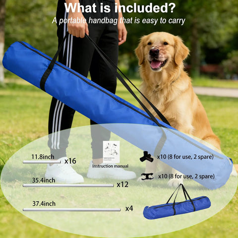 Person holding carry bag of All Weather Dog Agility Jump Set With Adjustable Bars PVC Training Kit, dog in background