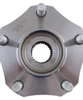 Front And Rear Wheel Bearing And Hub Assembly Set Four Piece For 2014 To 2019 Nissan Rogue All Wheel Drive And 2017 To 2022 Rogue Sport AWD Direct Fit Replacement With Two Front Hubs And Two Rear Hubs For Easy Installation And Long Lasting Performance, close-up view showing detailed hub design and bolt placement