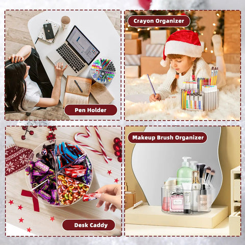 Pen holder, crayon organizer, desk caddy, and makeup brush organizer displayed in different settings for versatile use.