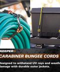 Heavy Duty Carabiner Bungee Cords Set, 12 Pack in assorted colors securing hose and cargo box, weatherproof and UV safe