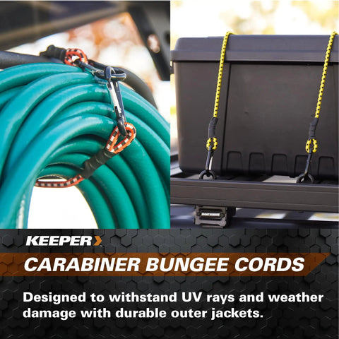 Heavy Duty Carabiner Bungee Cords Set, 12 Pack in assorted colors securing hose and cargo box, weatherproof and UV safe