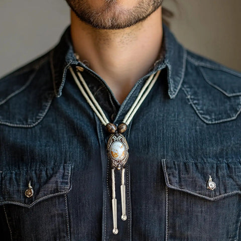Bolo Tie Tips Dope 20 Pcs Set 2 Inch Long Alloy Cord End Caps With 5mm Inner Hole Replacement Tips For DIY Crafts Clothes Decor Five Color Options Black Silver Gray Light Gold Frosted Gold on denim shirt bolo tie