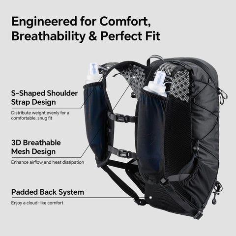 Lightweight Hydration Backpack For Runners With 12L Capacity, Breathable Mesh Back Panel, Two 500ml Soft Flasks on sides