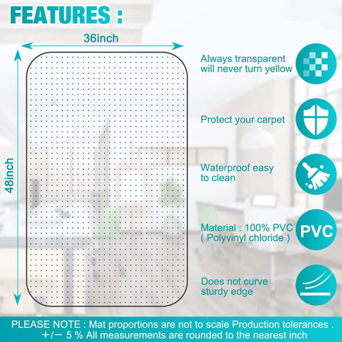 Heavy Duty Office Chair Mat for Carpets 48 By 36 Inches Clear Plastic Floor Protector With Non Slip Backing, features detailed