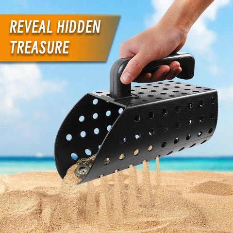 Hand using Workhorse Heavy Duty Sand Scoop For Metal Detecting With Shovel And Trowel Beach Sand Sifter, black plastic perforated scoop on beach