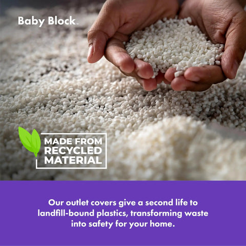 Hands holding recycled plastic pellets, used for Locking Outlet Cover Box For Baby Proofing Enclosed Protector For Plugs And Cords.
