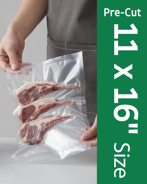 Person holding 100 Count Gallon Vacuum Sealer Bags 11 X 16 Inches Precut Heavy Duty BPA Free for quick storage of meat.
