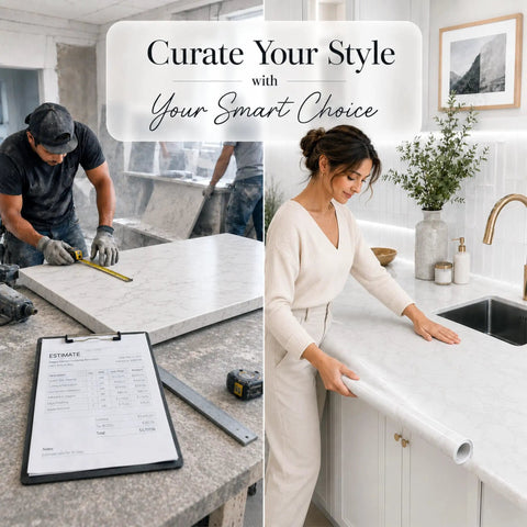 Marble Look Peel And Stick Contact Paper 39 Inch By 118 Inch White Vinyl Wallpaper For Countertops Bathroom Vanities And Cabinets Waterproof Easy Install Renter Friendly Durable DIY Upgrade applied to countertop.