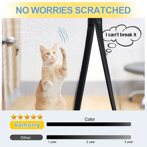 Cat interacting with upgraded magnetic screen door closure for 72 by 80 inch doors reinforced fiberglass double mesh.