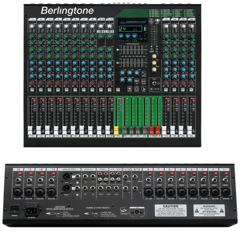 Front and back view of 16 Channel Bluetooth Audio Mixer With USB Recording, PC Recording, 24 DSP Effects, 48V Phantom Power, 14 Mic Preamps.