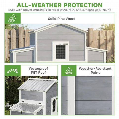 66.5 Inch Large Wooden Chicken Coop With 2 Nesting Boxes, Ramp, Sliding Tray And Waterproof Roof, gray solid pine wood