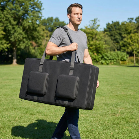 Man carrying Beefy Cornhole Board Carrying Case With Padded Foam For Regulation 4 By 2 Foot Boards in a park.