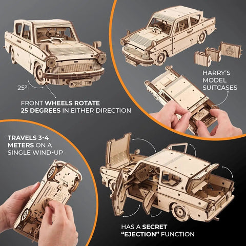 Harry Potter Flying Ford Anglia 3D Puzzle Kit For Adults With Spring Drive DIY Flying Car Model, wooden build with ejecting doors