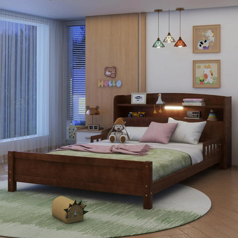 Solid Pine Wood Bed with Bookcase Headboard and Walnut Finish, Built In LED Motion Sensor Light, Sturdy Guard Rails, Modern Rustic Style