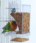No Mess Acrylic Bird Feeder With Built In Perch And Secure Lid For Parakeets Finches Lovebirds And Canaries, clear design with bird feeding.