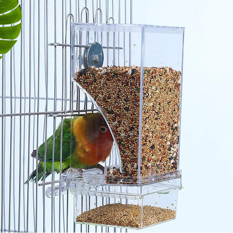 No Mess Acrylic Bird Feeder With Built In Perch And Secure Lid For Parakeets Finches Lovebirds And Canaries, clear design with bird feeding.