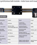 JD45C Linear Guide Rail With Synchronous Belt Module And Electric Sliding Table shown with motor base and parameters chart.