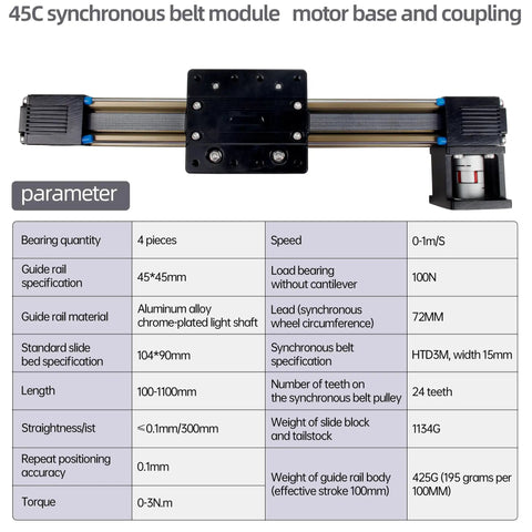 JD45C Linear Guide Rail With Synchronous Belt Module And Electric Sliding Table shown with motor base and parameters chart.