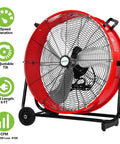 Industrial Drum Fan 24 Inch High Velocity With 8100 CFM 3 Speeds Heavy Duty Metal Shop Fan, red with steel construction, side view.