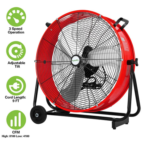 Industrial Drum Fan 24 Inch High Velocity With 8100 CFM 3 Speeds Heavy Duty Metal Shop Fan, red with steel construction, side view.