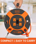 75 Ft Retractable Extension Cord Reel With 4 Outlets, Heavy Duty 14 AWG SJTW Cable, easy rewind handle held in hand