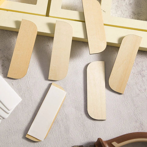 8 Pack Wooden Hinge Repair Plates With Double Sided Tape For Cabinet Doors And Kitchen Cabinets on a textured surface