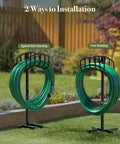 Freestanding Garden Hose Holder for Outdoor Use Sturdy Heavy Duty Metal Water Hose Hanger and Storage Stand Black Keeps Hoses Neat No Fuss Tangle Free Easy To Move Weather Resistant Yard Rack displayed in yard against wall and freestanding