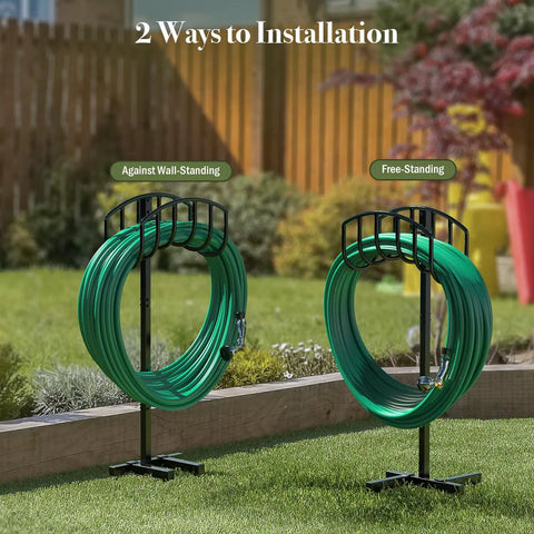 Freestanding Garden Hose Holder for Outdoor Use Sturdy Heavy Duty Metal Water Hose Hanger and Storage Stand Black Keeps Hoses Neat No Fuss Tangle Free Easy To Move Weather Resistant Yard Rack displayed in yard against wall and freestanding