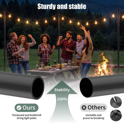 Outdoor String Light Poles 2 Pack 10 Ft Tall Ground Insertion Poles for parties with stable spiral anchors, shown in backyard setting.