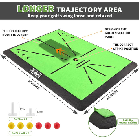 Diagram of All-In-One Golf Hitting Mats Trainer For Driving, Chipping And Putting with measurements and features.