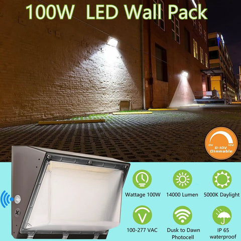 Dimmable 100W LED Wall Pack Light With Dusk to Dawn Photocell, 14000LM, mounted outdoor illuminating warehouse entrance