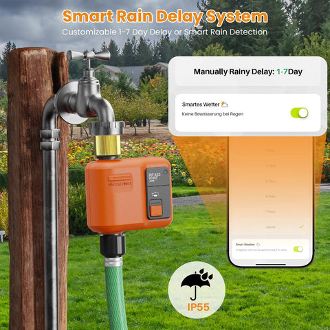 WiFi Water Timer For Garden Hose Smart Sprinkler Controller With 984 Feet Long Range Solid Wall Penetration App And Remote Control Voice Control Rain Delay Manual Mode One Outlet Irrigation System