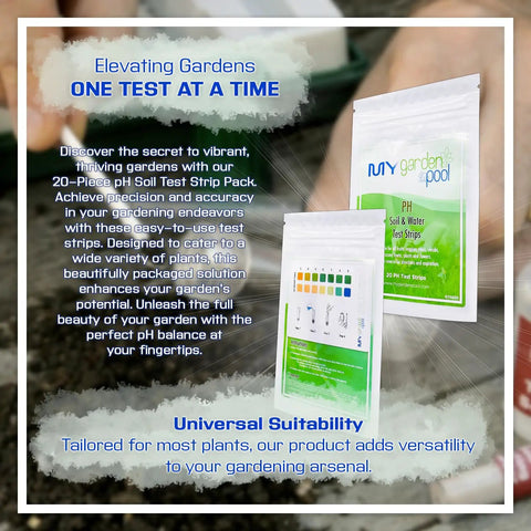 Close-up of pH soil test strip packs for gardening with color chart and gardening background.