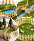 Miniature Garden Fence And Grass Set 35 Inch Wooden Picket Gate With 6 By 6 Inch Realistic Fake Grass Mat displayed in model scenes