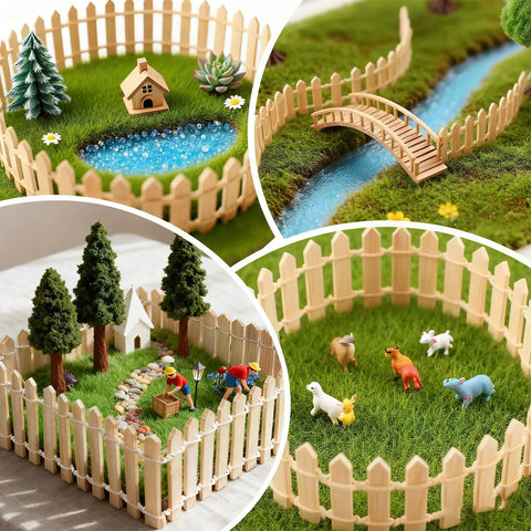 Miniature Garden Fence And Grass Set 35 Inch Wooden Picket Gate With 6 By 6 Inch Realistic Fake Grass Mat displayed in model scenes