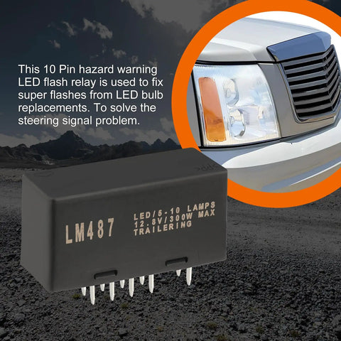 Hyper Flash LED Flasher Relay Fix For Chevy Silverado Avalanche GMC Sierra Yukon Turn Signals Plug And Play Blinker Module For 2003 2004 2005 2006 Trucks, 10-pin shown with vehicle front end
