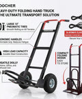 Heavy Duty Aluminum Hand Truck With 600 Pound Capacity And 10 Inch Pneumatic Tires For Extendable Base Platform Hauling, showcasing large tires and ergonomic handles.