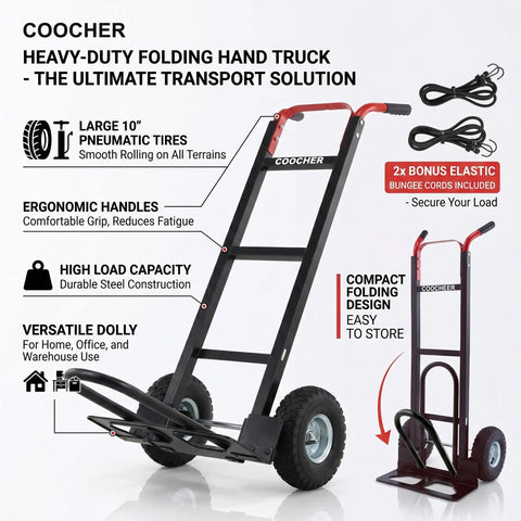 Heavy Duty Aluminum Hand Truck With 600 Pound Capacity And 10 Inch Pneumatic Tires For Extendable Base Platform Hauling, showcasing large tires and ergonomic handles.