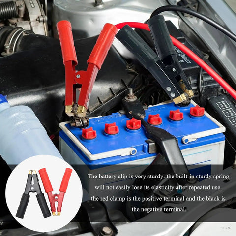 Heavy Duty Insulated Alligator Clips For Battery Jumper Cables High Amp Crocodile Clamps attached to a car battery.